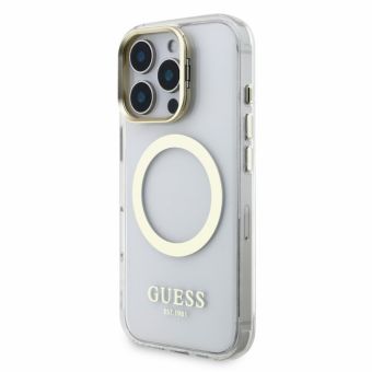 Obal Guess IML Gold Outline Stand Camera Frame MagSafe Apple iPhone 15 Pro Max GUHMP15XHTRMSFD transparentný