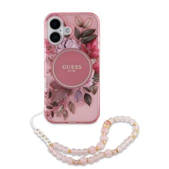 Obal Guess IML Flowers Strap MagSafe Apple iPhone 16 Plus GUHMP16MHFWBRCESP ružový