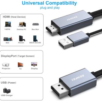 BENFEI cable HDMI to DisplayPort 4K 60Hz 2K 144Hz 1080P 165Hz unidirectional 1.8 m gray