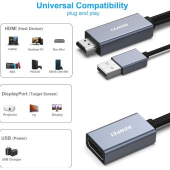 BENFEI adapter HDMI to DisplayPort 4K 60Hz 2K 144Hz 1080P 165Hz unidirectional gray
