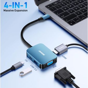 BENFEI adapter hub 4 in 1 USB-C to 4K HDMI USB-C 1x USB A VGA blue