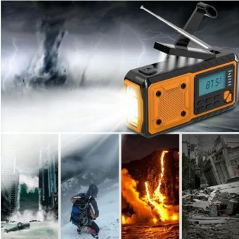 Núdzové rádio AM/FM IPX3 s ručnou kľukou, baterkou, powerbankou a solárnym panelom, žlté
