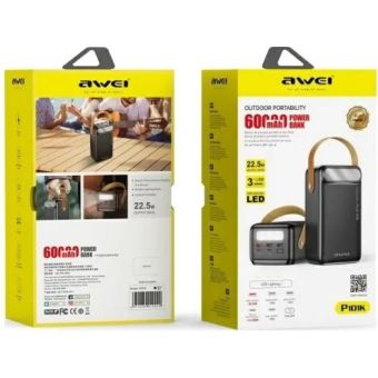 AWEI P101K, 60000mAh 22.5W, USB-C, USB-A, LED displej, svietidl, čierna