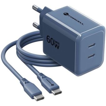 Forcell F-Energy GaN III Crystal Color VT-60, 2xUSB-C PD QC 4.0 60W + USB-C kábel, modrá