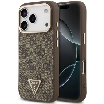 Obal Guess PU Leather 4G Strass Triangle Logo Gold Frame MagSafe Apple iPhone 18 Pro GUHMP18LP4GTDGMW hnedý