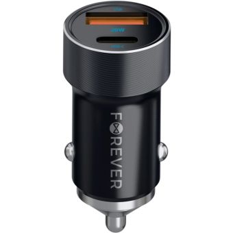 Forever CC-06 PD QC car charger 1xUSB-C 1xUSB-A 20W black + USB-C/USB-C cable 60W