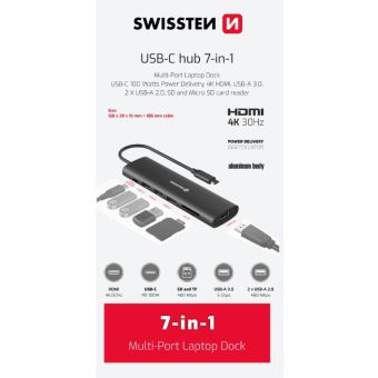 SWISSTEN USB-C HUB 7-IN-1 USB-C 100W, HDMI 4K, 1x USB-A 3.0, 2x USB-A 2.0, SD, MICRO SD ALUMINIUM