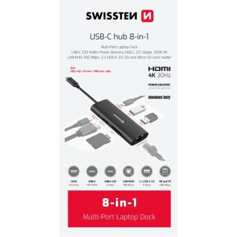 SWISSTEN USB-C HUB 8-IN-1 USB-C 100W, HDMI 4K, LAN RJ45, 2x USB-A, 1x USB-C 5GBps, SD, MICRO SD ALUMINIUM