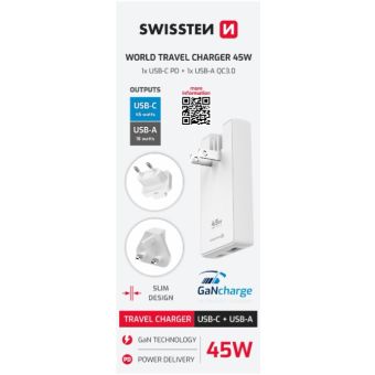 SWISSTEN Univerzálny Adaptér GaN 45W ,USB-C,USB-A , výmenná vidlica (US, EU, UK), biely