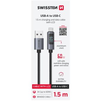 Swissten LCD kábel, USB-A/USB-C 60W, 3A, 1.5m, čierny