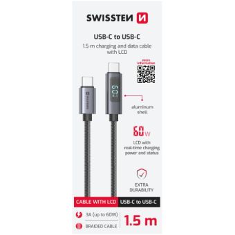 Swissten LCD kábel, USB-C/USB-C 60W, 3A, 1.5m, čierny