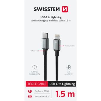 SWISSTEN TEXTILE II USB-C/Lightning 30W 3A 1,5m čierny