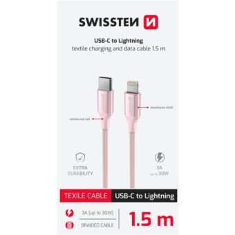 SWISSTEN TEXTILE II USB-C/Lightning 30W 3A 1,5m ružový