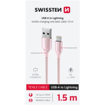 SWISSTEN TEXTILE II USB-A/Lightning 30W 3A 1,5m ružový