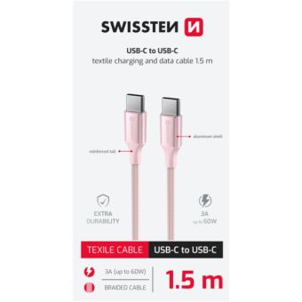 SWISSTEN TEXTILE II USB-C/USB-C 60W 3A 1,5m ružový