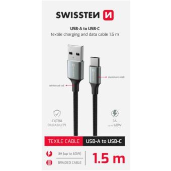 SWISSTEN TEXTILE II USB-A/USB-C 60W 3A 1,5m čierny