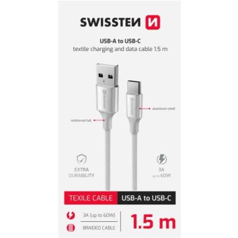 SWISSTEN TEXTILE II USB-A/USB-C 60W 3A 1,5m biely