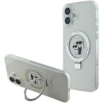 Obal Karl Lagerfeld Ringstand Karl and Choupette MagSafe Apple iPhone 16 Plus KLHMP16MHMRSKCH White