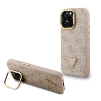 Obal Guess PU 4G Strass Triangle Logo Stand Camera Frame MagSafe Apple iPhone 15 Pro Max GUHMP15XPCS4GPTP ružový