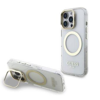 Obal Guess IML Gold Outline Stand Camera Frame MagSafe Apple iPhone 16 Pro Max GUHMP16XHTRMSFD transparentný