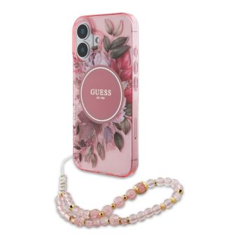 Obal Guess IML Flowers Strap MagSafe Apple iPhone 16 Plus GUHMP16MHFWBRCESP ružový