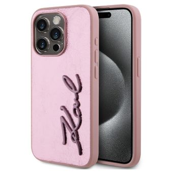 Obal Karl Lagerfeld Wrinkled PU Signature Logo Apple iPhone 15 Pro KLHCP15LPFMFBKMP ružový