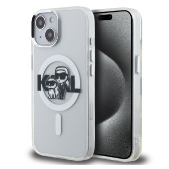 Obal Karl Lagerfeld IML Glitter Karl and Choupette Sketch MagSafe Apple iPhone 15 KLHMP15SHGKCGKBT transparentný