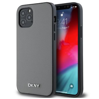 Obal DKNY PU Leather Silver Metal Logo Magsafe Apple iPhone 12/12 Pro DKHMP12MPGHLMS sivý