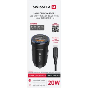 Swissten Mini CL adaptér, USB-C PD + USB-A, 20W + kábel USB-C/USB-C, čierny