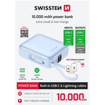 Swissten Space PowerBank 10000 mAh, 22.5W integrované káble (USB-C, Lighting), modrá