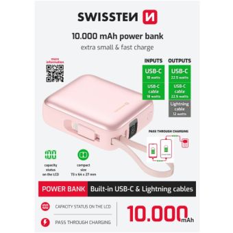 Swissten Space PowerBank 10000 mAh, 22.5W integrované káble (USB-C, Lighting), ružová