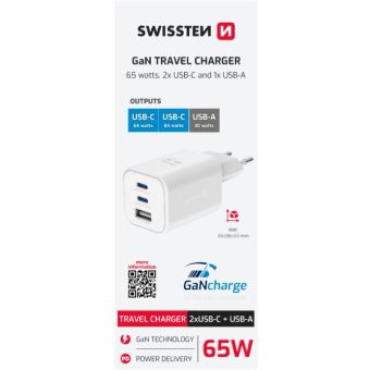 SWISSTEN GaN Travel Charger 2xUSB-C 65W PD + 1xUSB-A 30W QC biela