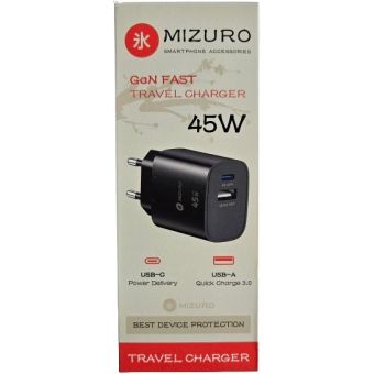 Mizuro GaN Fast, USB-C PD 45W, USB-A QC3.0 18W, čierna