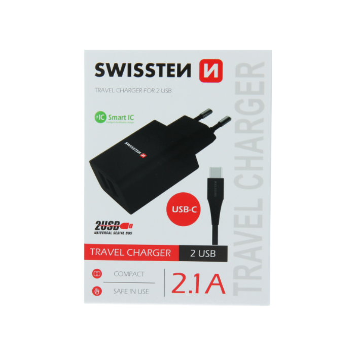 Sieťová nabíjačka Swissten Smart IC 2 x USB + USB-C kábel 2.1A 10,5W čierna