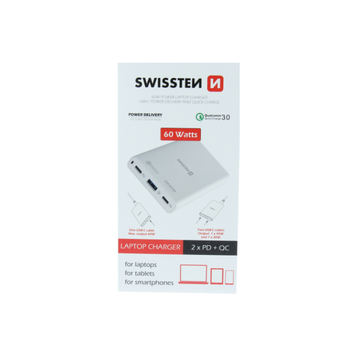 Sieťový adaptér Swissten 60W 2 x USB-C PD 3.0, 1x USB Q.C.4 biely