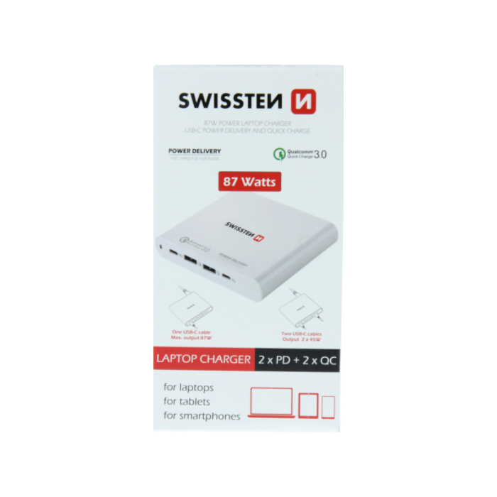 Sieťový Adaptér Swissten 87W, 2xUSB-C Power Delivery + 2xUSB QC. 3.0