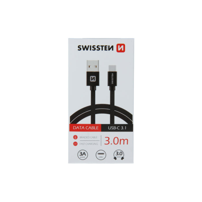 Kábel ppletený Swissten USB/USB-C 3.0A, 3m - čierny