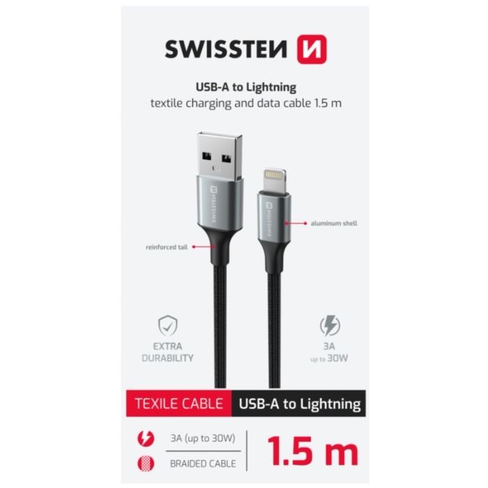 SWISSTEN TEXTILE II USB-A/Lightning 30W 3A 1,5m čierny