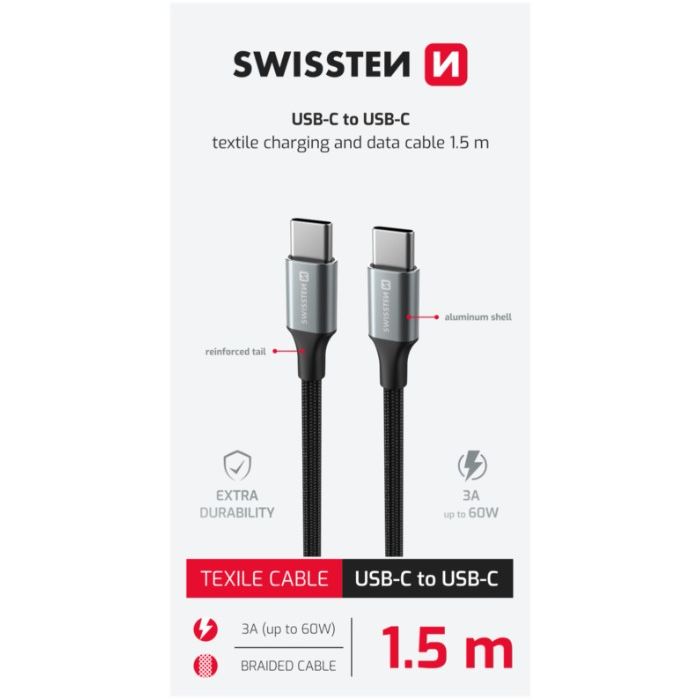 SWISSTEN TEXTILE II USB-C/USB-C 60W 3A 1,5m čierny