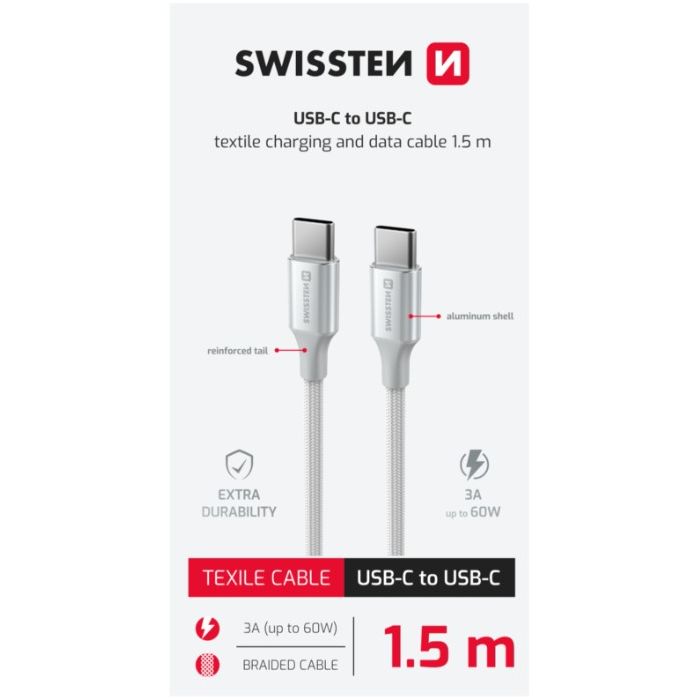 SWISSTEN TEXTILE II USB-C/USB-C 60W 3A 1,5m biely