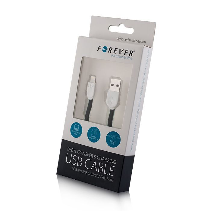 FOREVER Apple iPhone 5/6 lightning USB kábel čierny silikónový plochý