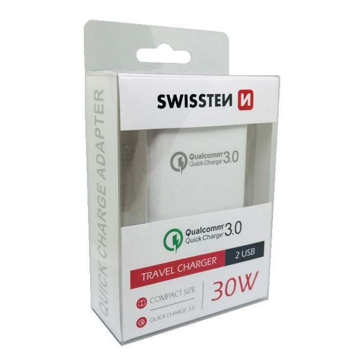 Sieťový adaptér Swissten Qualcomm 3.0 Quick Charge + Smart IC 2x USB 30W biely