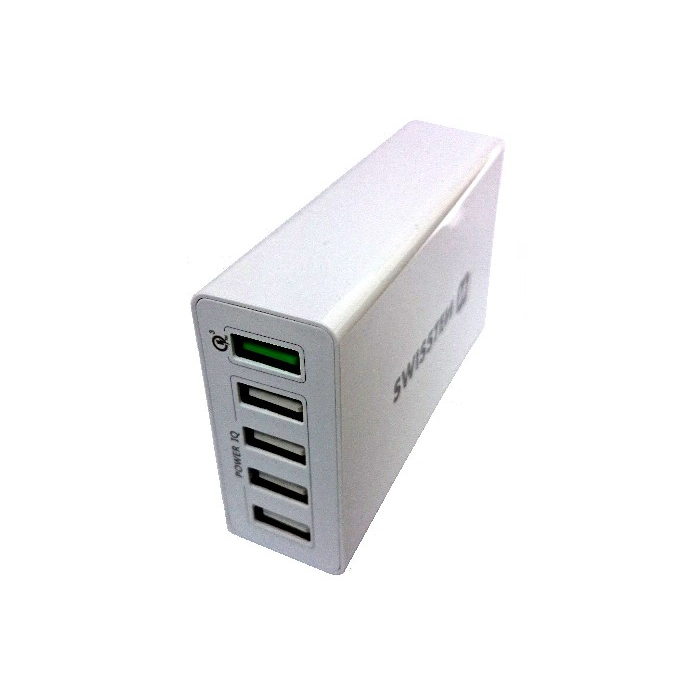 Sieťový adaptér Swissten Qualcomm 3.0 + Smart IC 5x USB 50 W biely