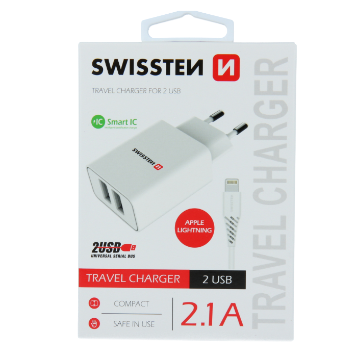 Sieťový adaptér Swissten Smart IC 2x USB 2.1 A + dátový kábel USB/lightning 1,2 m biely