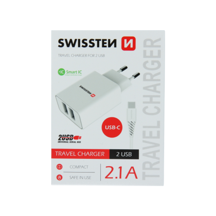Nabíjačka Swissten Smart IC 2 x USB + USB-C kábel, 2.1A, 10,5W biela