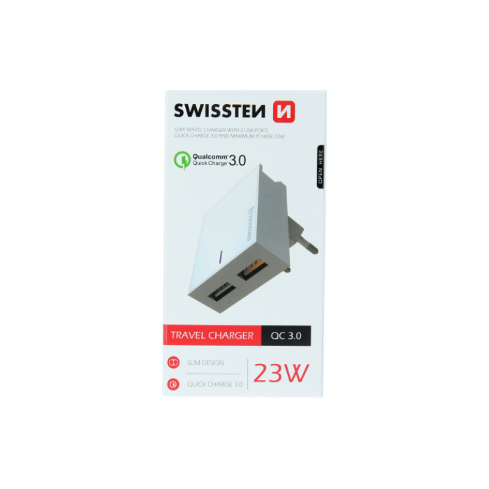 Nabíjací adaptér Swissten 2 x USB,  Quick Charge 3.0, max 23W biely