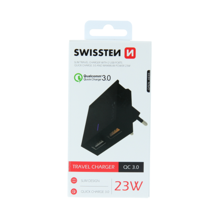 Nabíjací adaptér Swissten 2 x USB, Quick Charge 3.0, max 23W čierny
