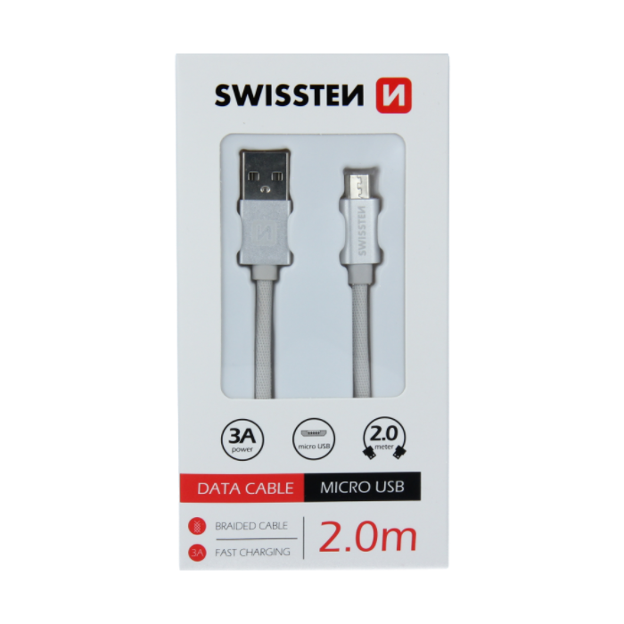 Kábel USB/Micro USB Swissten 3.0A 2m strieborný