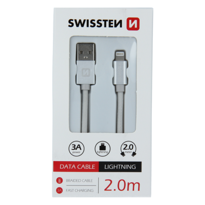Dátový kábel opletený Swissten USB/Lightning (8 pin) 3.0A, 2.0m strieborný