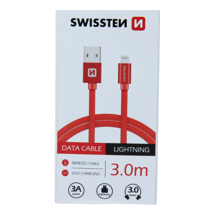 Dátový kábel opletený Swissten USB/Lightning (8 pin) 3.0A, 3.0m červený